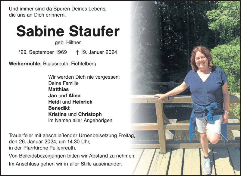  Traueranzeige für Sabine Staufer vom 24.01.2024 aus 80048