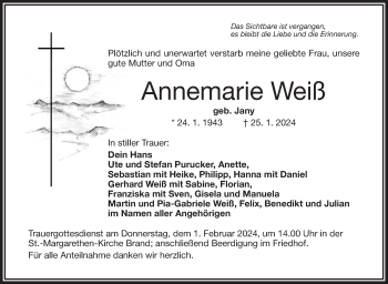 Traueranzeige von Annemarie Weiß von Frankenpost