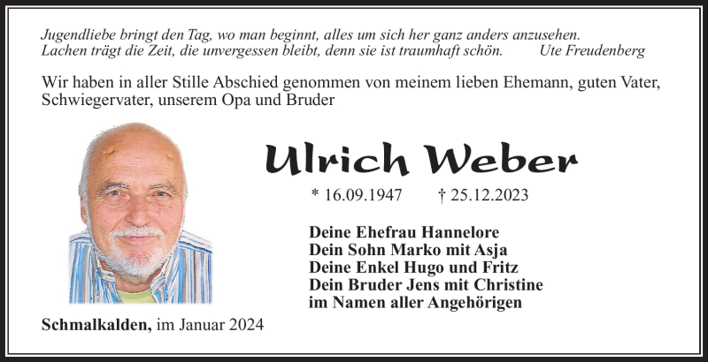  Traueranzeige für Ulrich Weber vom 13.01.2024 aus 80048