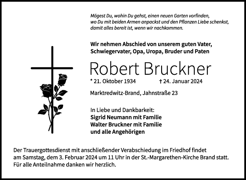  Traueranzeige für Robert Bruckner vom 30.01.2024 aus Frankenpost