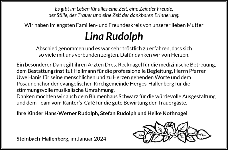  Traueranzeige für Lina Rudolph vom 27.01.2024 aus Südthüringer Presse