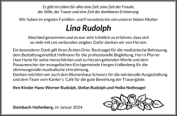 Traueranzeige von Lina Rudolph von Südthüringer Presse