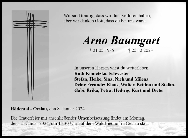  Traueranzeige für Arno Baumgart vom 08.01.2024 aus 80048