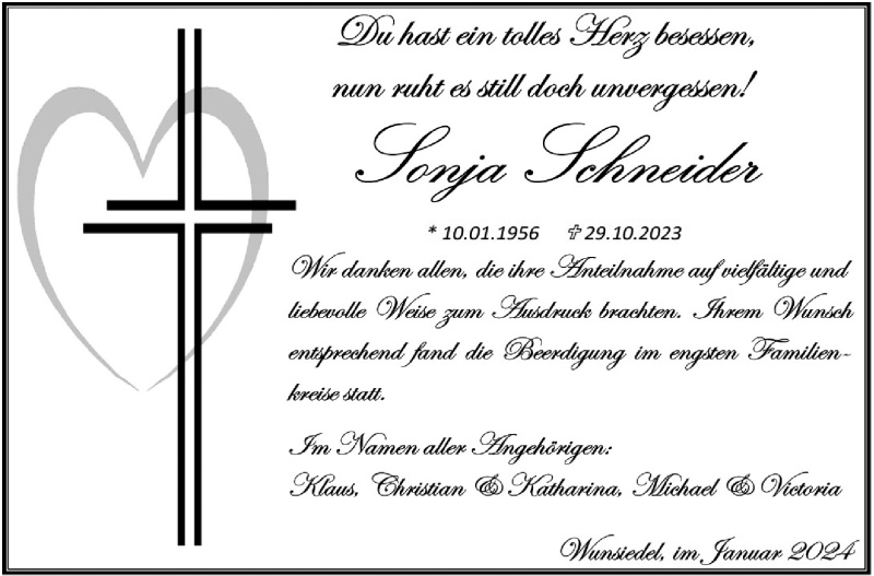  Traueranzeige für Sonja Schneider vom 05.01.2024 aus 80048