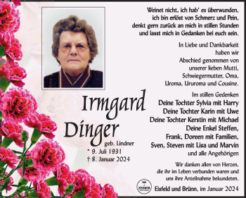 Traueranzeige von Irmgard Dinger von Südthüringer Presse