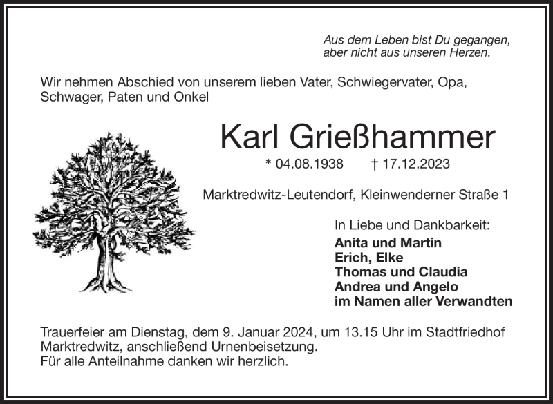 Traueranzeige für Karl Grießhammer vom 05.01.2024 aus 80048