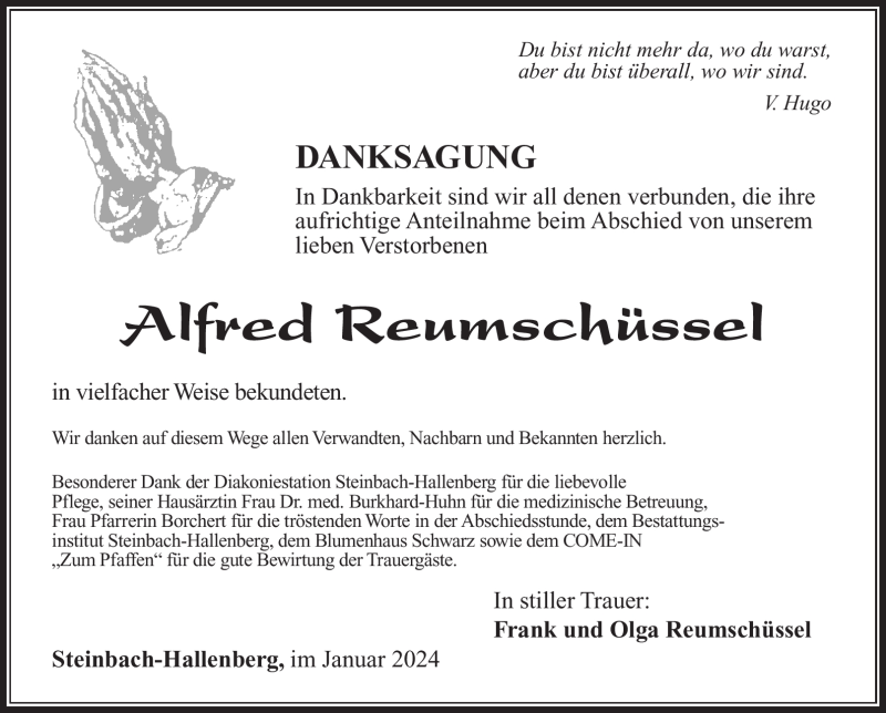  Traueranzeige für Alfred Reumschüssel vom 20.01.2024 aus 80048