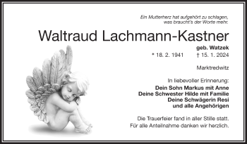 Traueranzeige von Waltraud Lachmann-Kastner von Frankenpost