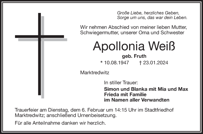  Traueranzeige für Apollonia Weiß vom 27.01.2024 aus Frankenpost