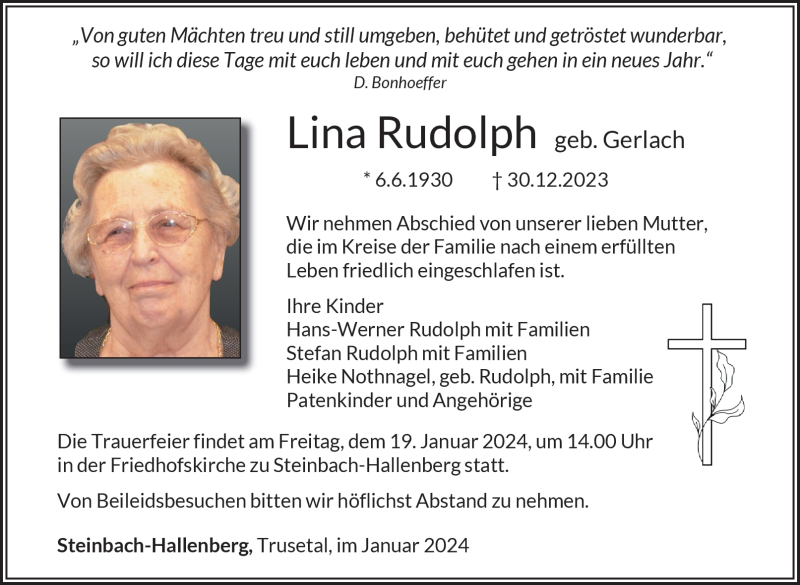  Traueranzeige für Lina Rudolph vom 13.01.2024 aus 80048