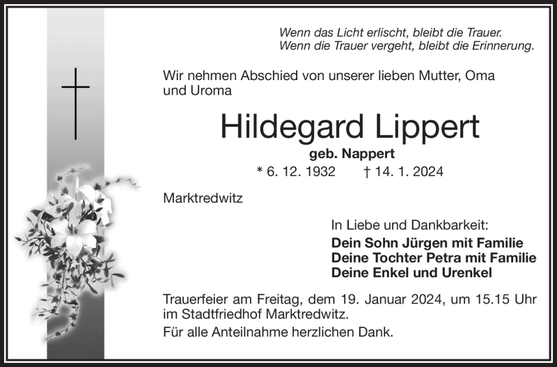  Traueranzeige für Hildegard Lippert vom 16.01.2024 aus 80048