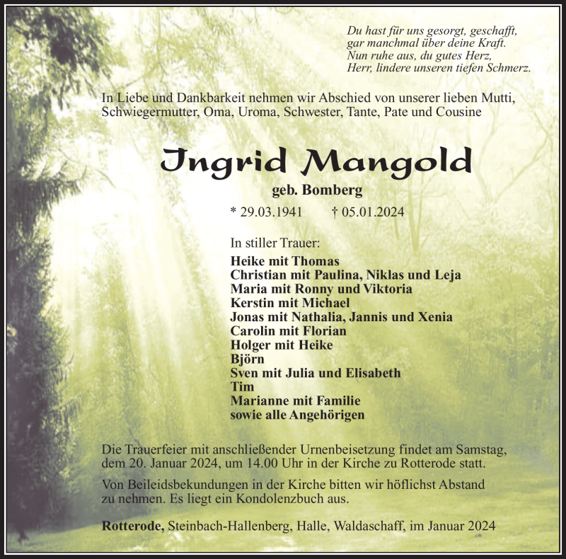  Traueranzeige für Ingrid Mangold vom 13.01.2024 aus 80048