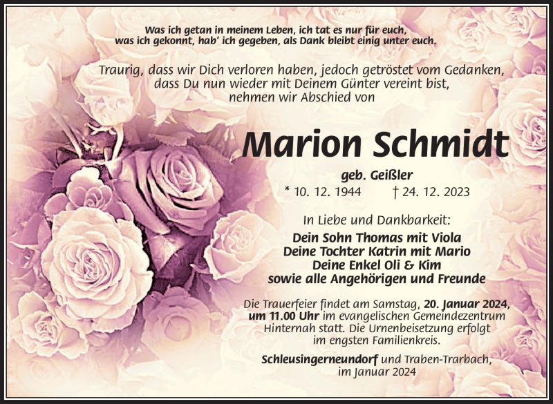  Traueranzeige für Marion Schmidt vom 06.01.2024 aus 80048