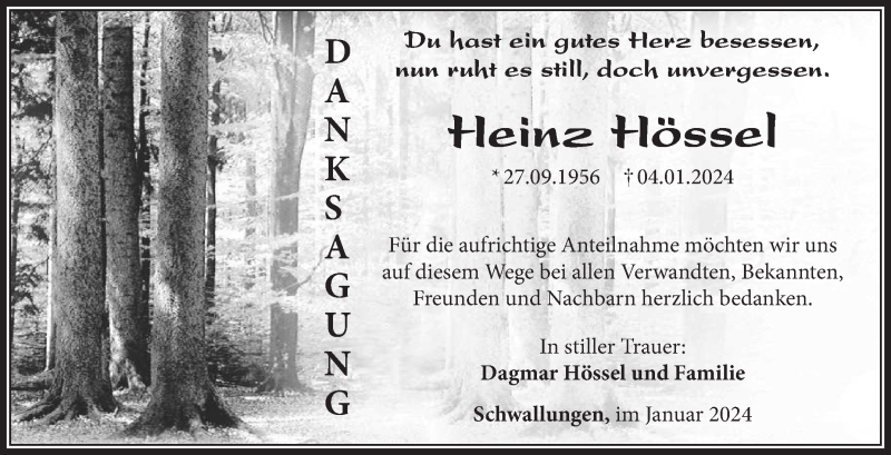  Traueranzeige für Heinz Hössel vom 27.01.2024 aus Südthüringer Presse