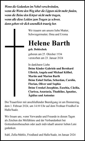 Traueranzeige von Helene Barth von Südthüringer Presse