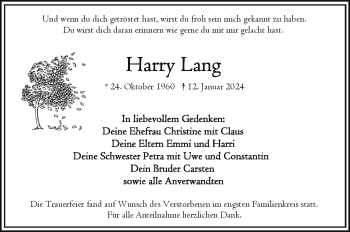 Traueranzeige von Harry Lang von 80048