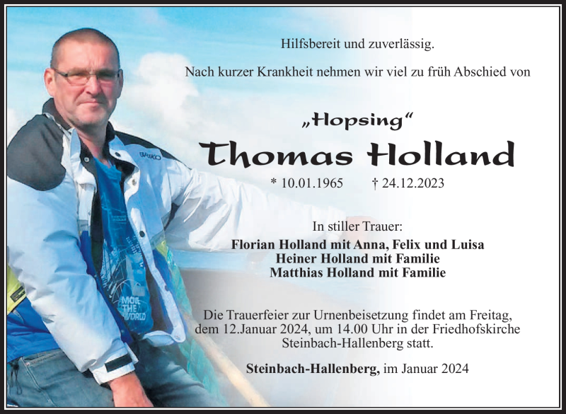  Traueranzeige für Thomas Holland vom 06.01.2024 aus 80048