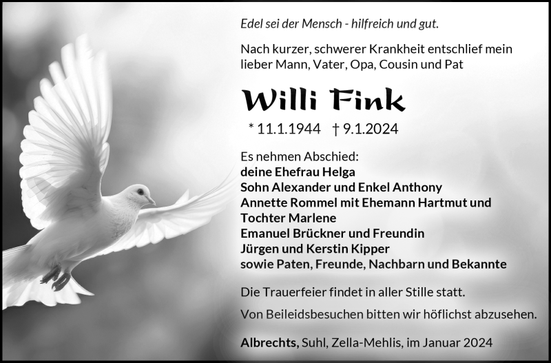  Traueranzeige für Willi Fink vom 20.01.2024 aus 80048
