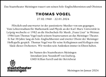 Traueranzeige von Thomas Vogel von Südthüringer Presse