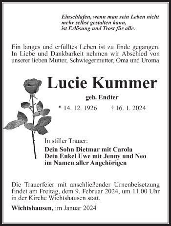 Traueranzeige von Lucie Kummer von Südthüringer Presse