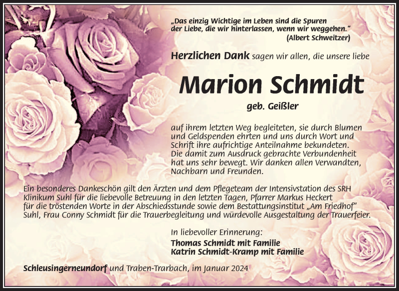  Traueranzeige für Marion Schmidt vom 27.01.2024 aus Südthüringer Presse
