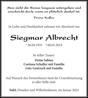 Traueranzeige von Siegmar Albrecht von Südthüringer Presse