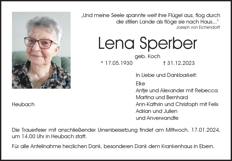  Traueranzeige für Lena Sperber vom 10.01.2024 aus 80048