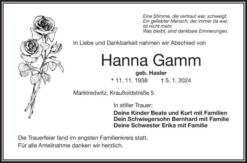  Traueranzeige für Hanna Gamm vom 13.01.2024 aus 80048