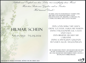 Traueranzeige von Hilmar Schein von Südthüringer Presse