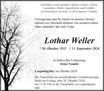 Traueranzeige von Lothar Weller von Frankenpost