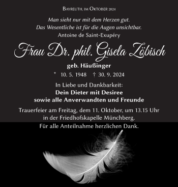 Traueranzeige von Gisela Zöbisch von Frankenpost