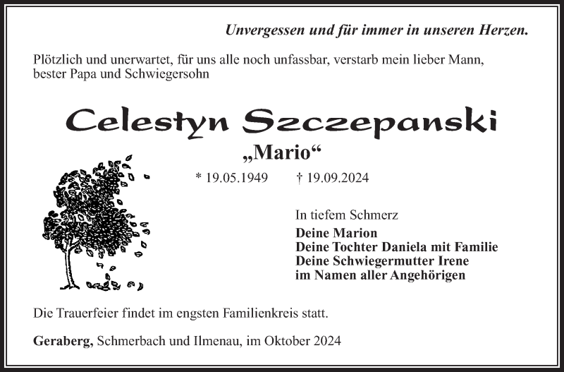  Traueranzeige für Celestyn Szczepanski vom 05.10.2024 aus Südthüringer Presse