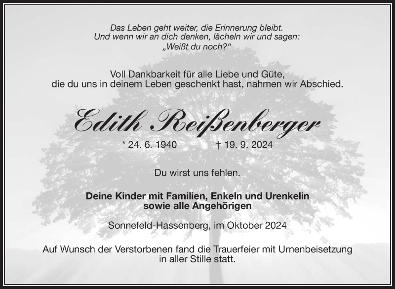  Traueranzeige für Edith Reißenberger vom 09.10.2024 aus Neue Presse Coburg