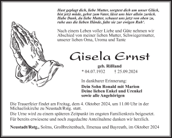 Traueranzeige von Gisela Ernst von Südthüringer Presse