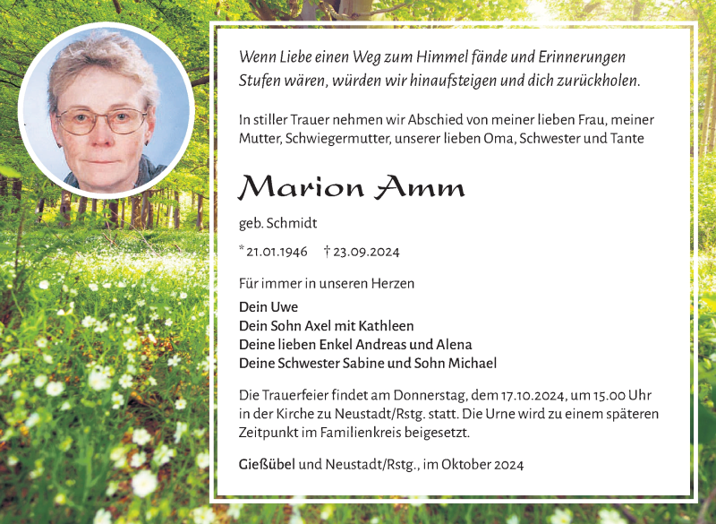  Traueranzeige für Marion Amm vom 05.10.2024 aus Südthüringer Presse