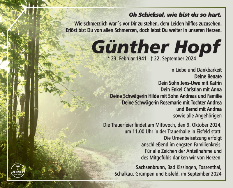 Traueranzeige für Günther Hopf vom 05.10.2024 aus Südthüringer Presse