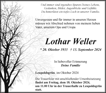 Traueranzeige von Lothar Weller von Frankenpost