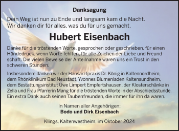 Traueranzeige von Hubert Eisenbach von Südthüringer Presse