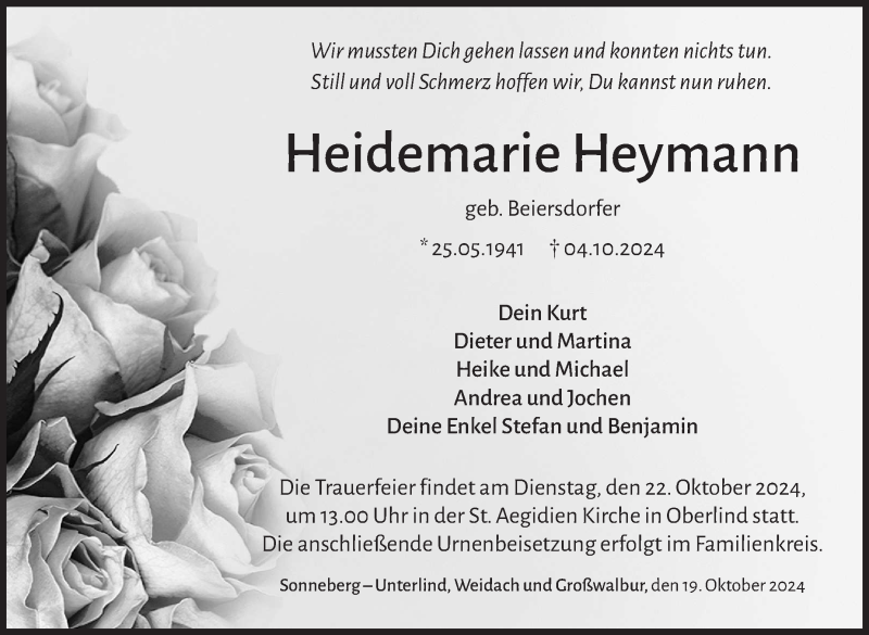  Traueranzeige für Heidemarie Heymann vom 19.10.2024 aus Südthüringer Presse