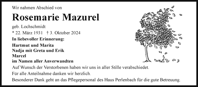  Traueranzeige für Rosemarie Mazurel vom 19.10.2024 aus Frankenpost