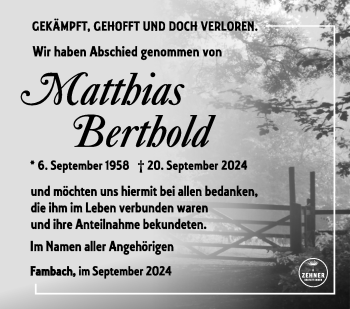 Traueranzeige von Matthias Berthold von Südthüringer Presse