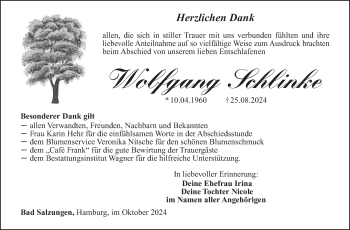 Traueranzeige von Wolfgang Schlinke von Südthüringer Presse