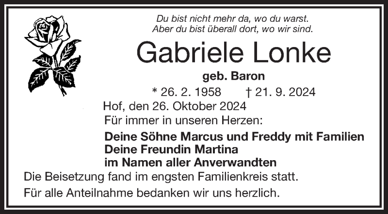  Traueranzeige für Gabriele Lonke vom 26.10.2024 aus Frankenpost