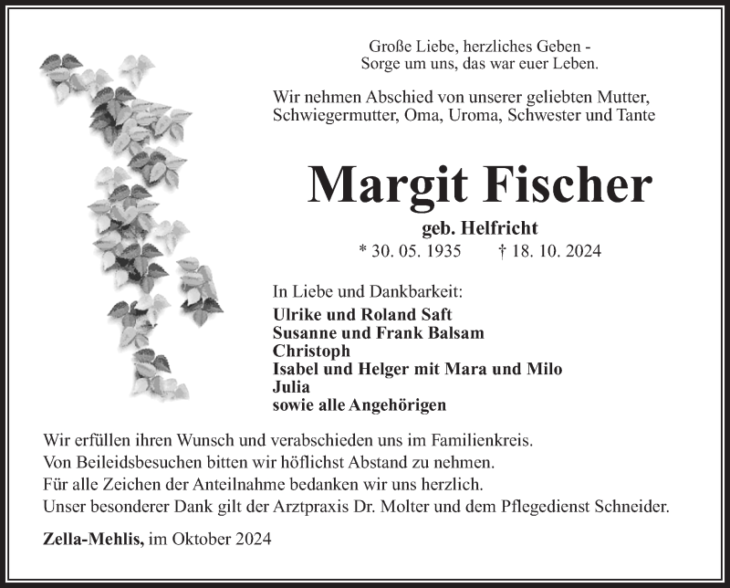  Traueranzeige für Margit Fischer vom 26.10.2024 aus Südthüringer Presse