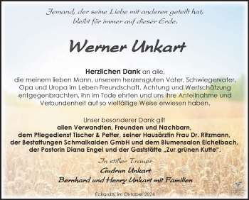 Traueranzeige von Werner Unkart von Südthüringer Presse