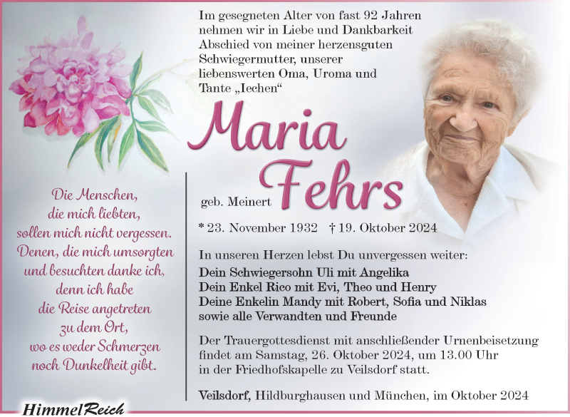  Traueranzeige für Maria Fehrs vom 25.10.2024 aus Südthüringer Presse