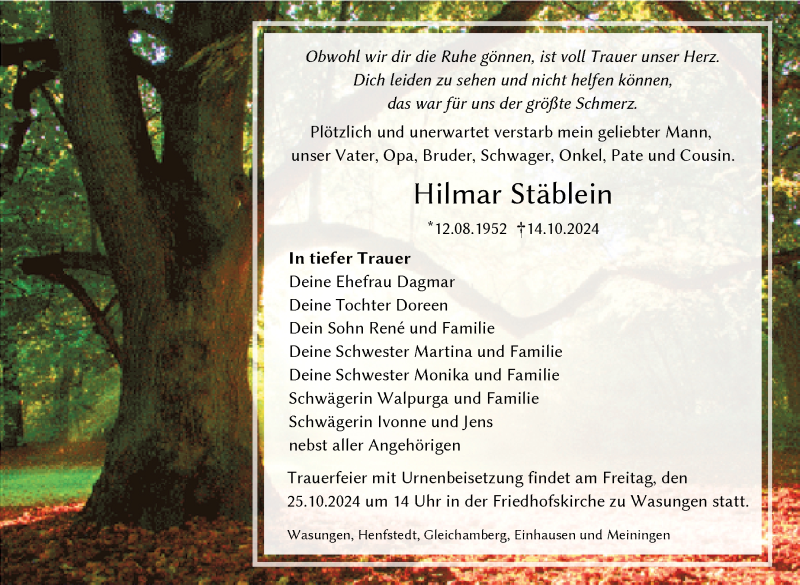  Traueranzeige für Hilmar Stäblein vom 19.10.2024 aus Südthüringer Presse