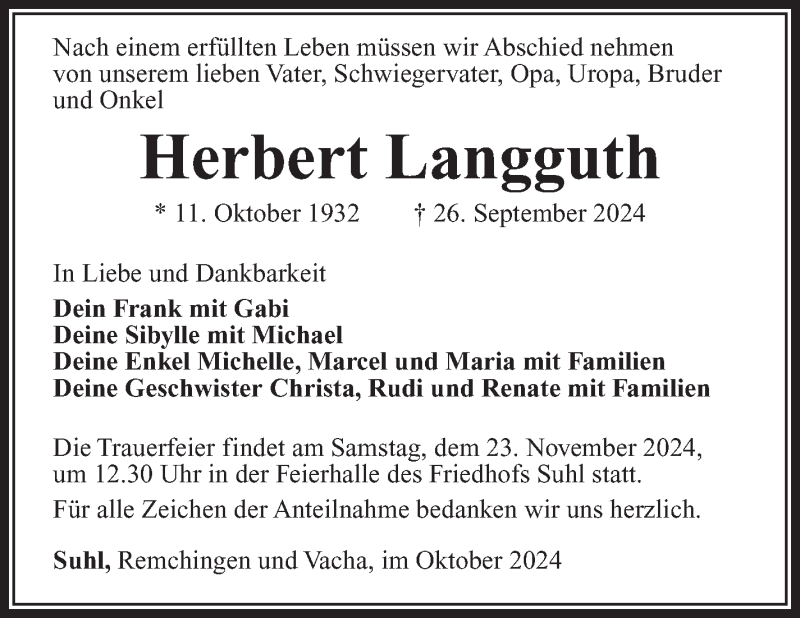  Traueranzeige für Herbert Langguth vom 12.10.2024 aus Südthüringer Presse