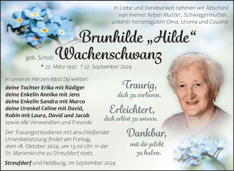  Traueranzeige für Brunhilde Wachenschwanz vom 12.10.2024 aus Südthüringer Presse