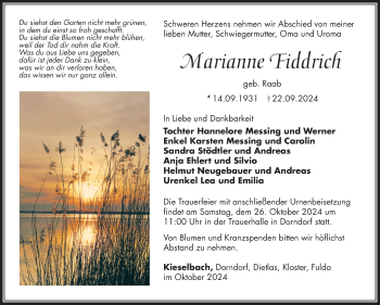 Traueranzeige von Marianne Fiddrich von Südthüringer Presse